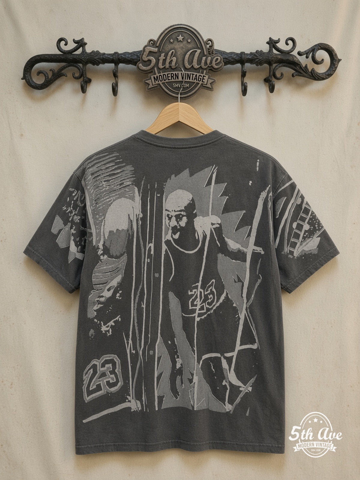 Michael Jordan - AOP all over print New Vintage T-Shirt – Vintage Band T-Shirt — back on locked cream ornate 5th Ave rack