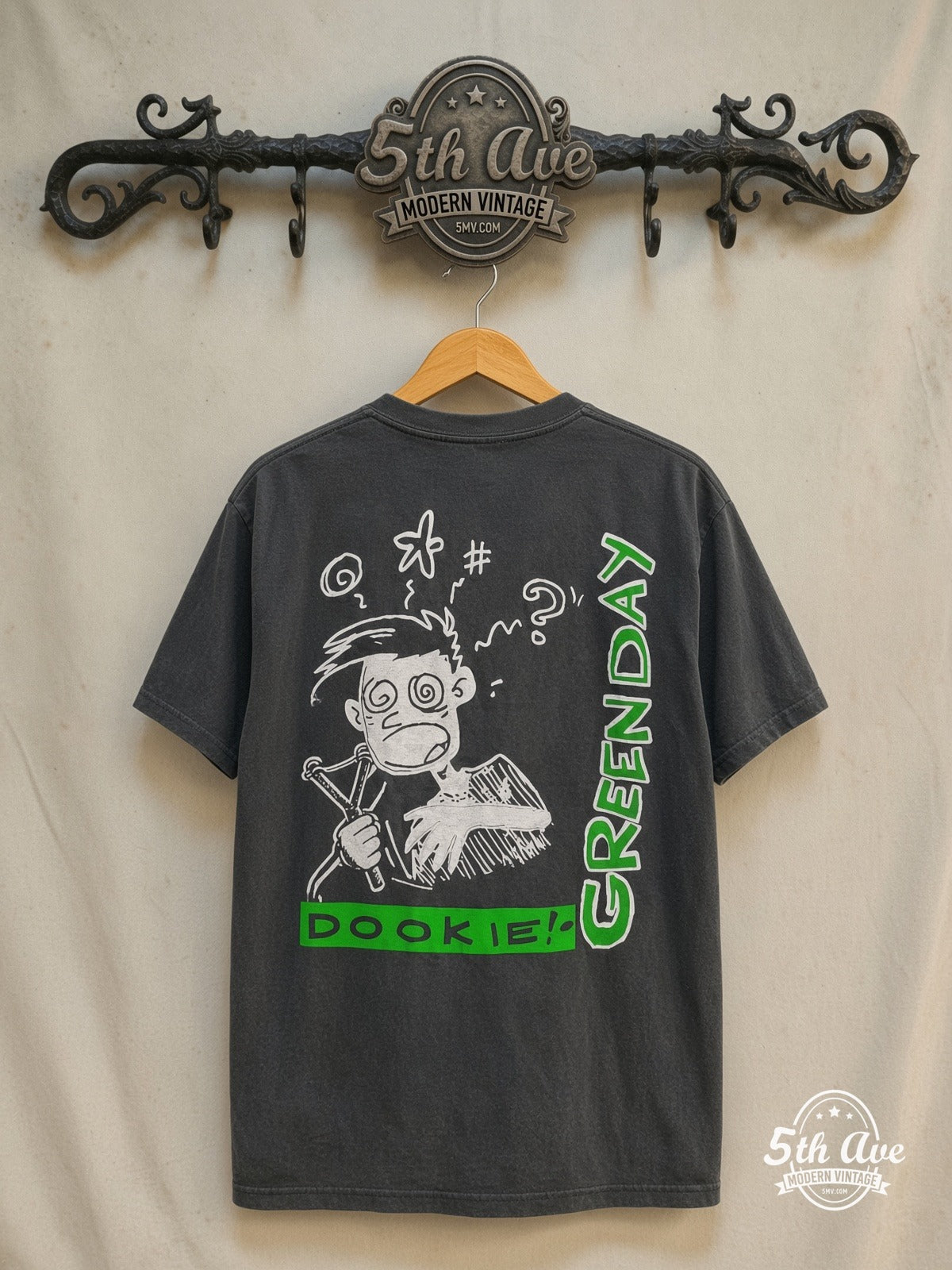 Green Day – Band Street Photo Dookie Cartoon – Long Sleeve Vintage Band T-Shirt — back on locked cream ornate 5th Ave rack