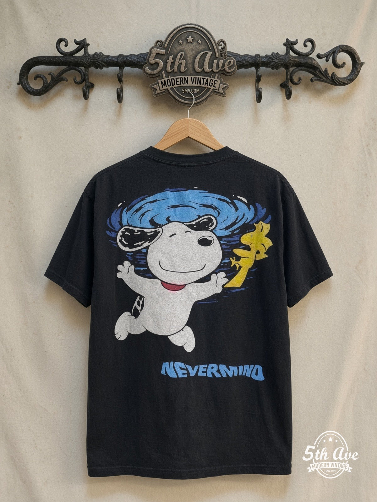 Nirvana x Peanuts – Nevermind Snoopy – New Vintage Graphic Tee — back on locked cream ornate 5th Ave rack