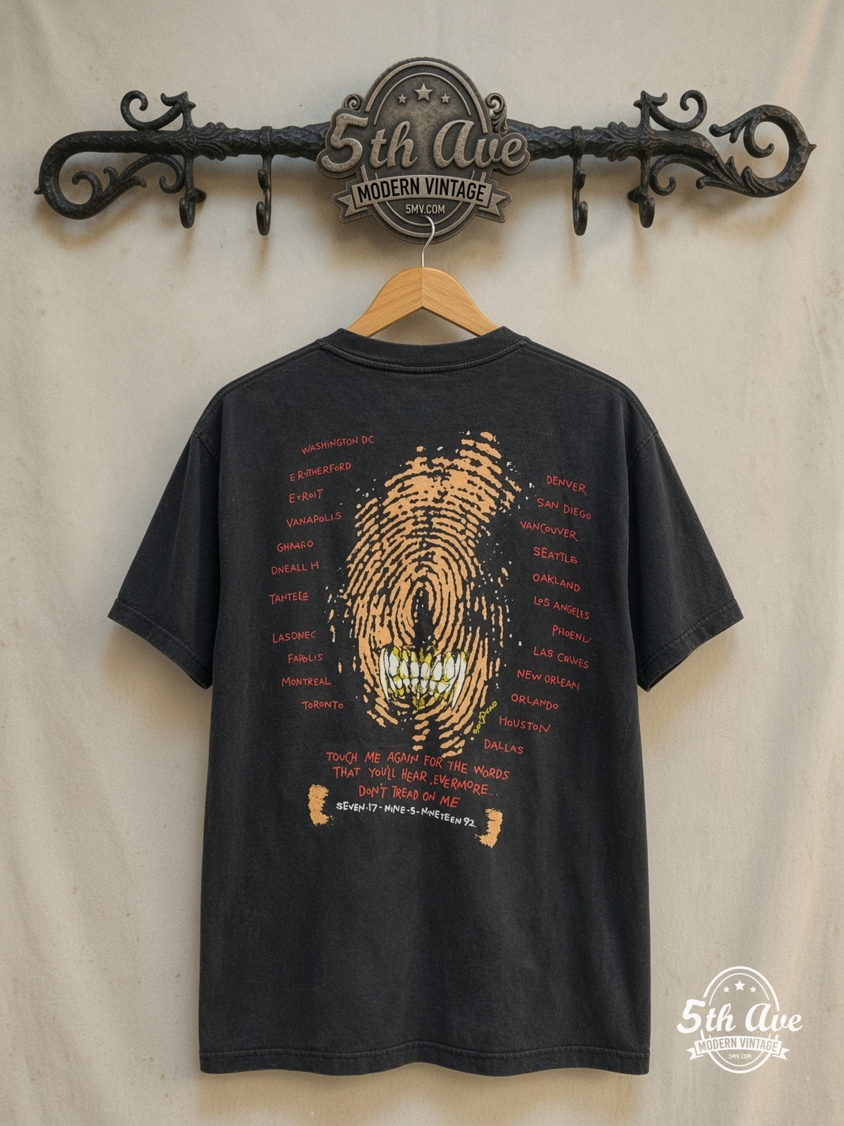 Metallica – Don't Tread On Me 1992 Tour – Vintage Band T-Shirt — back on locked cream ornate 5th Ave rack