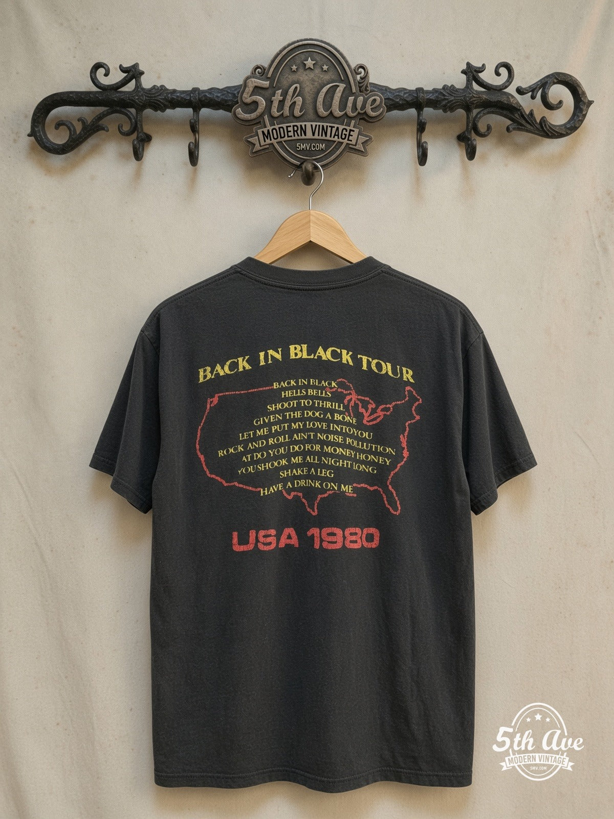AC/DC – Back in Black Tour 1980 – Vintage Band T-Shirt — back on locked cream ornate 5th Ave rack