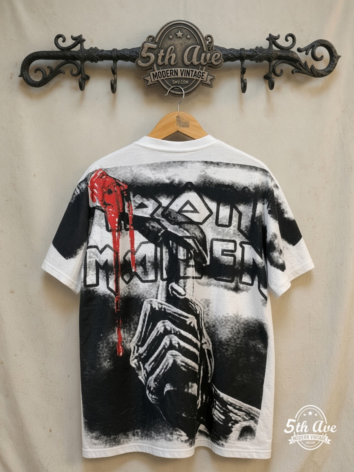 Iron Maiden – Killers – All Over Print – Vintage Band T-Shirt — back on locked cream ornate 5th Ave rack