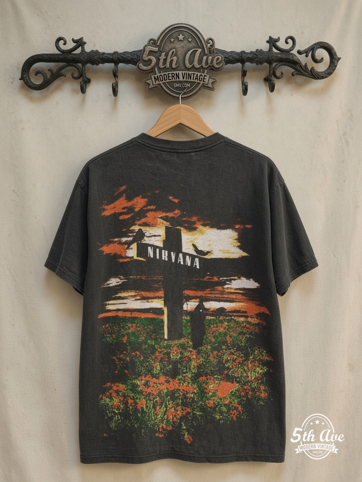 Nirvana – Kurt Cobain Red Guitar – Vintage Band T-Shirt — back on locked cream ornate 5th Ave rack