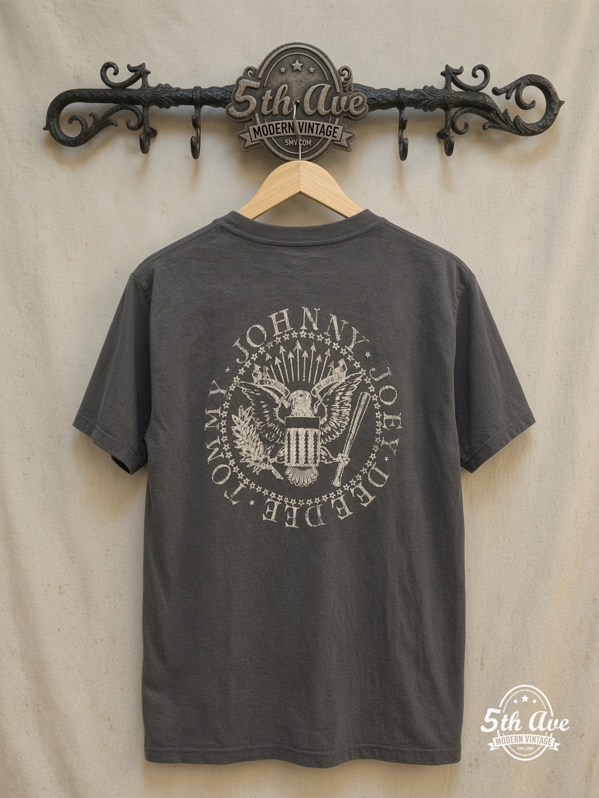 Radiohead – RAMONES – Vintage Band T-Shirt — back on locked cream ornate 5th Ave rack