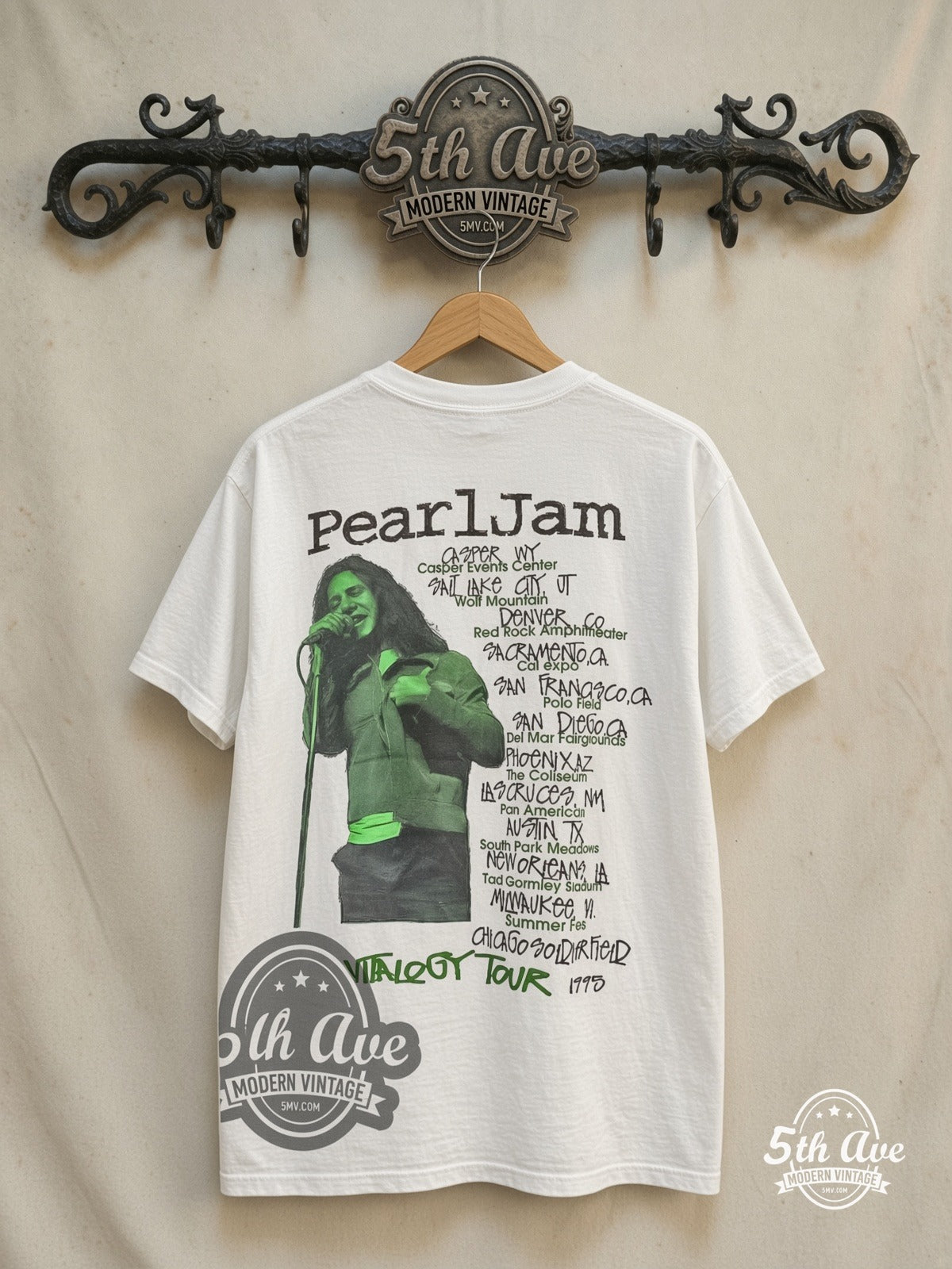 Pearl Jam – Vitalogy Tour 1995 – Vintage Band T-Shirt — back on locked cream ornate 5th Ave rack