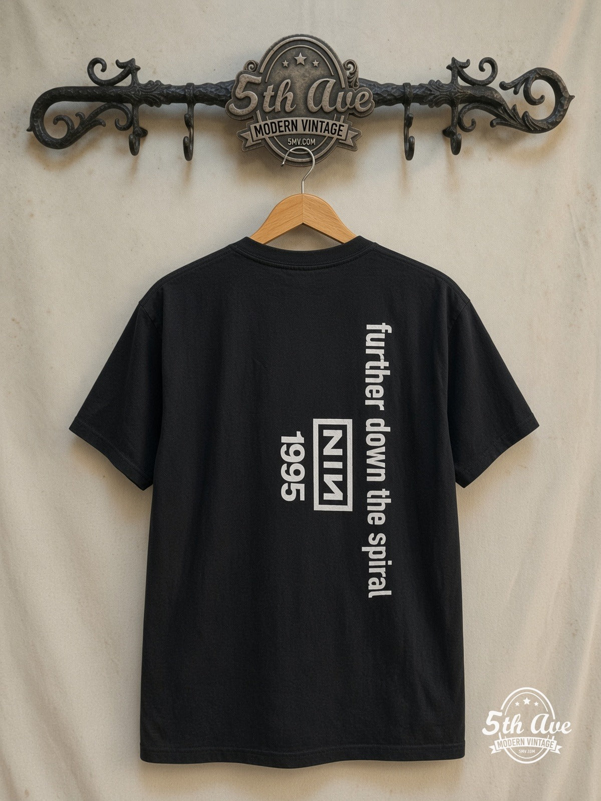 Nine Inch Nails – Further Down the Spiral Black Coiled Rope – Vintage Band T-Shirt — back on locked cream ornate 5th Ave rack