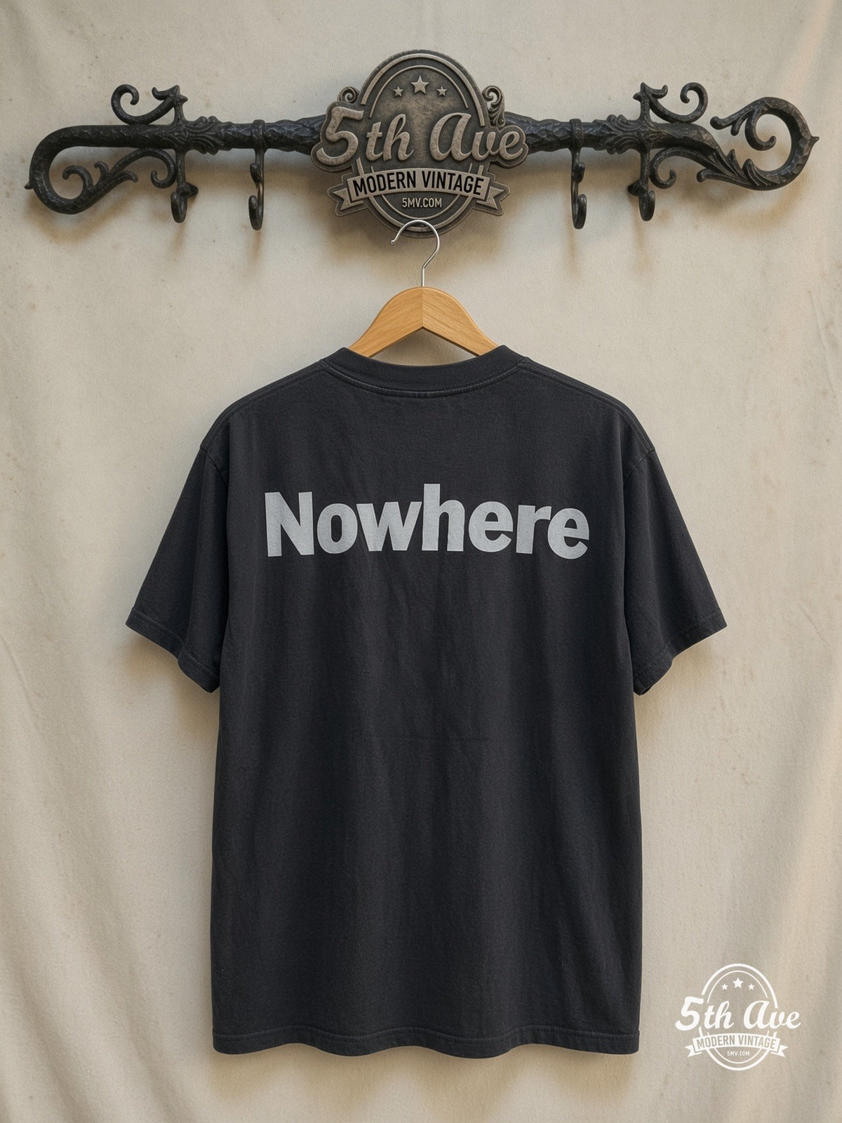 Ride – Nowhere – Vintage Band T-Shirt — back on locked cream ornate 5th Ave rack