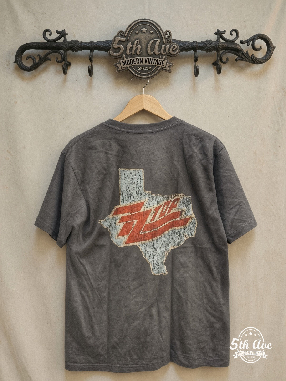 Graphic – ZZ Top – Vintage Band T-Shirt — back on locked cream ornate 5th Ave rack