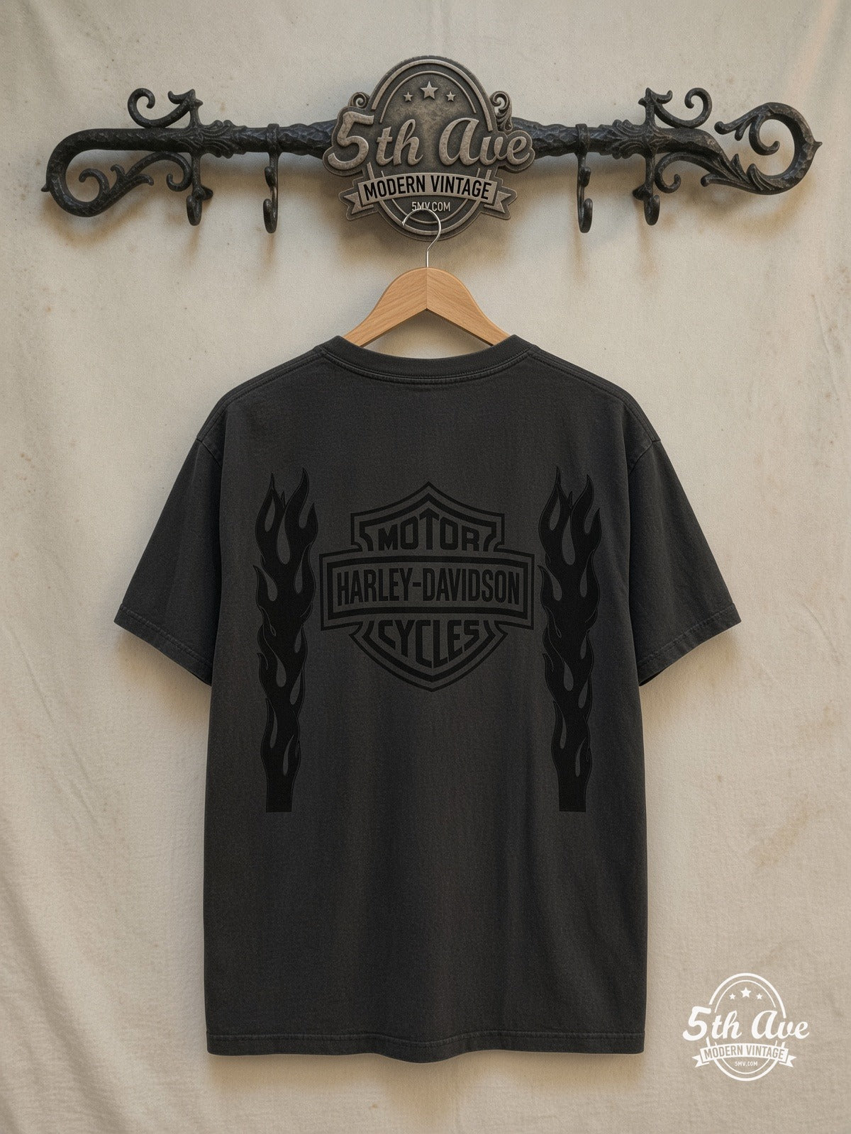 Harley-Davidson – Wisconsin Oconomowoc Pink Shield Long Sleeve – Vintage Band T-Shirt — back on locked cream ornate 5th Ave rack