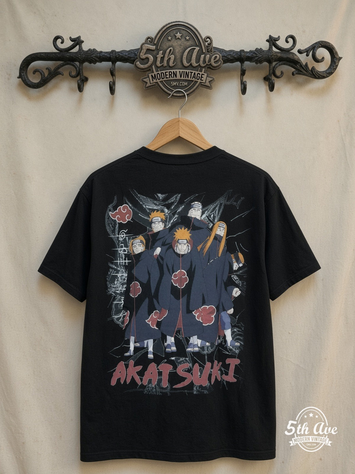 Naruto Shippuden – Akatsuki – New Vintage Anime Tee — back on locked cream ornate 5th Ave rack