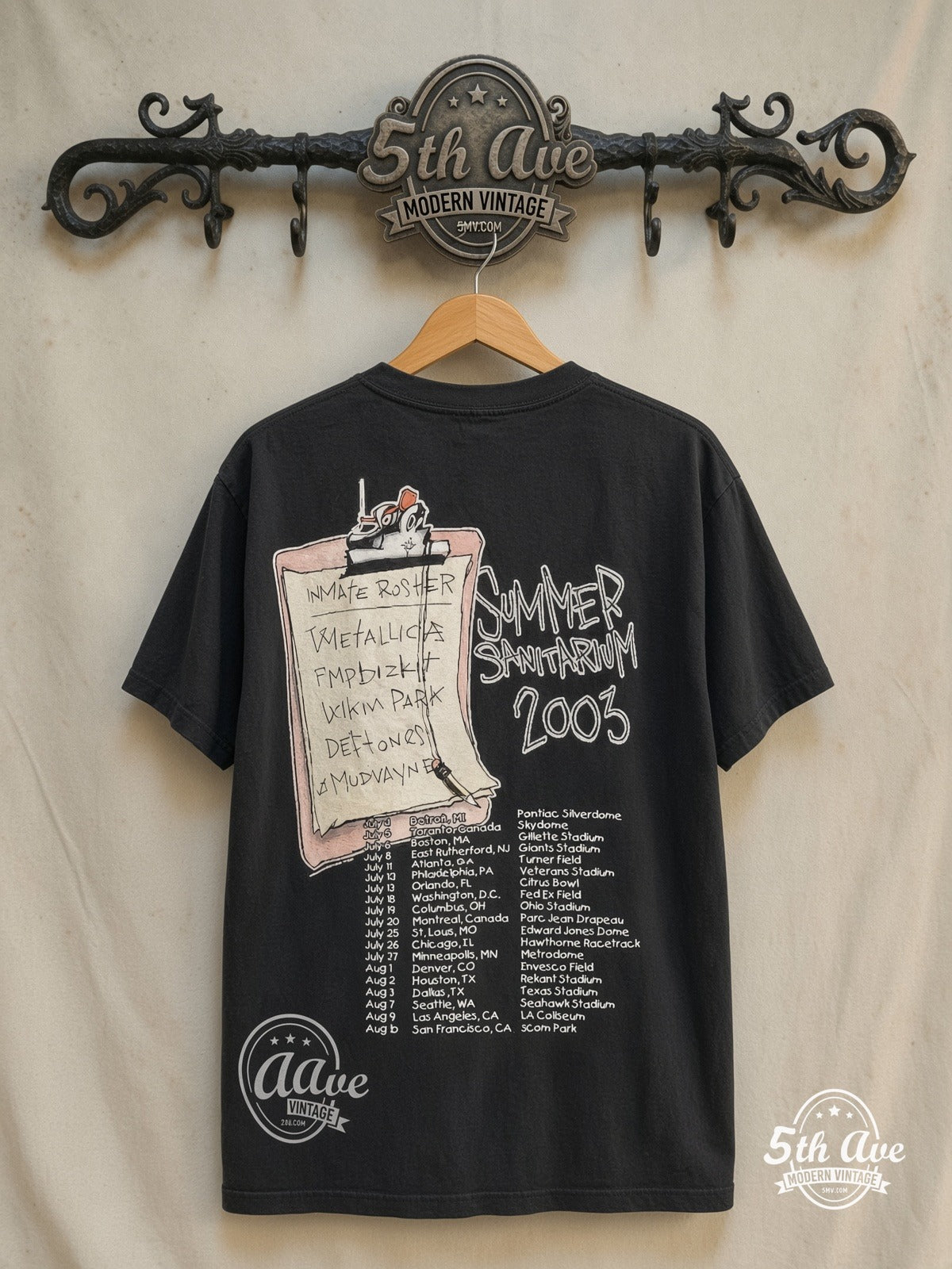 Metallica – Summer Sanitarium Tour 2003 – Vintage Band T-Shirt — back on locked cream ornate 5th Ave rack