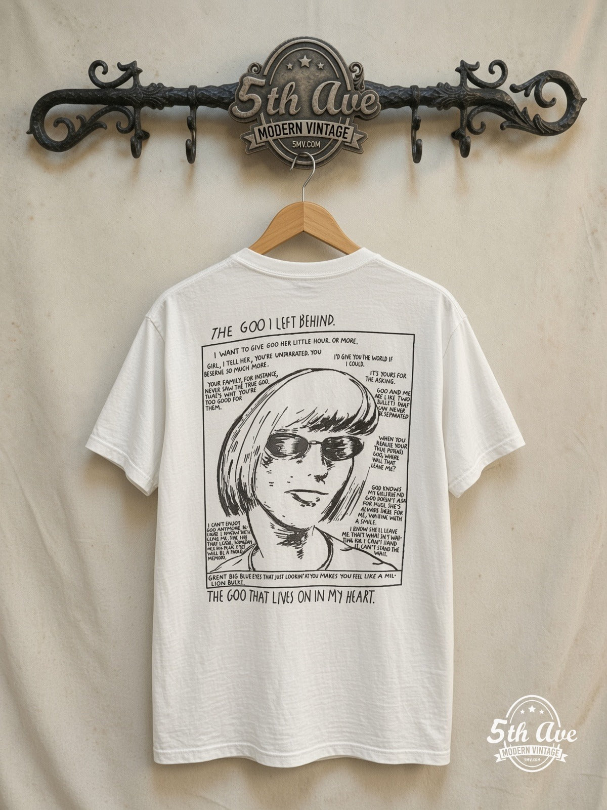 Sonic Youth – Goo / I Left Behind – Vintage Band T-Shirt — back on locked cream ornate 5th Ave rack