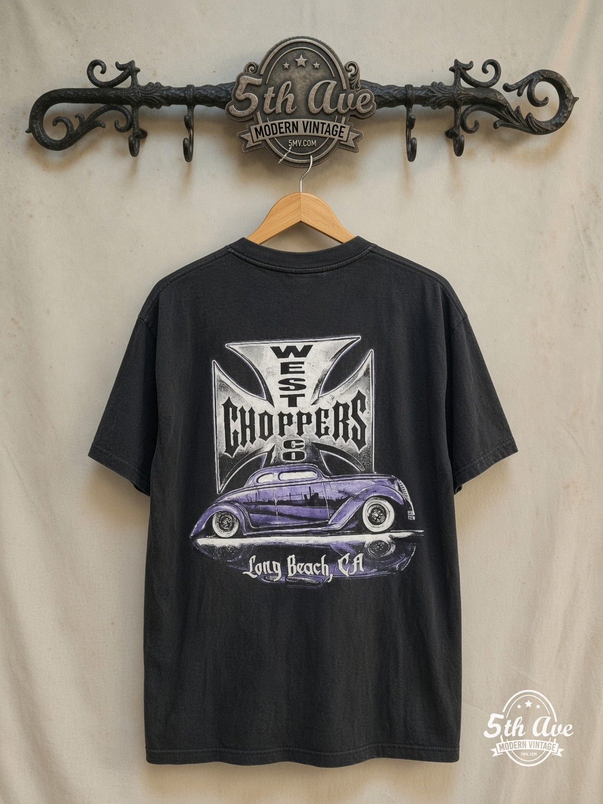 West Coast Choppers – Long Beach Purple Hot Rod Iron Cross – Vintage Graphic Tee — back on locked cream ornate 5th Ave rack