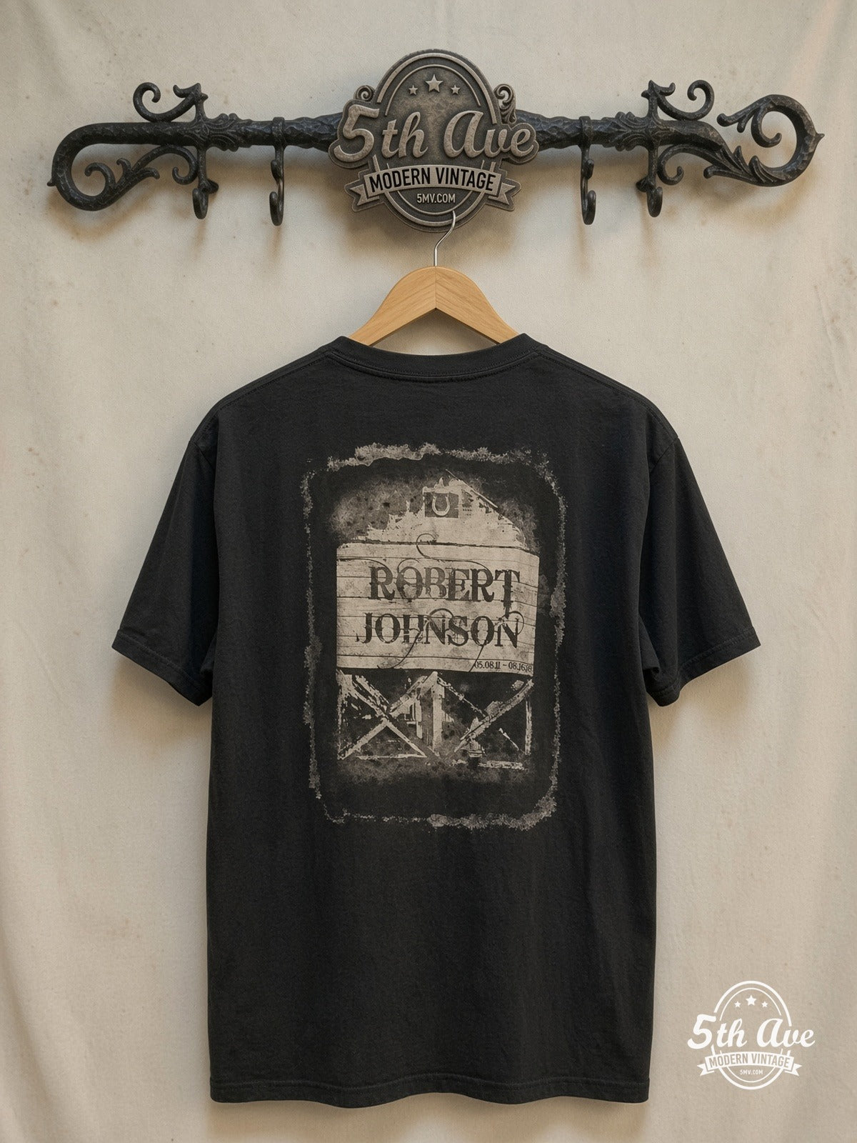 Robert Johnson – Vintage Band T-Shirt — back on locked cream ornate 5th Ave rack