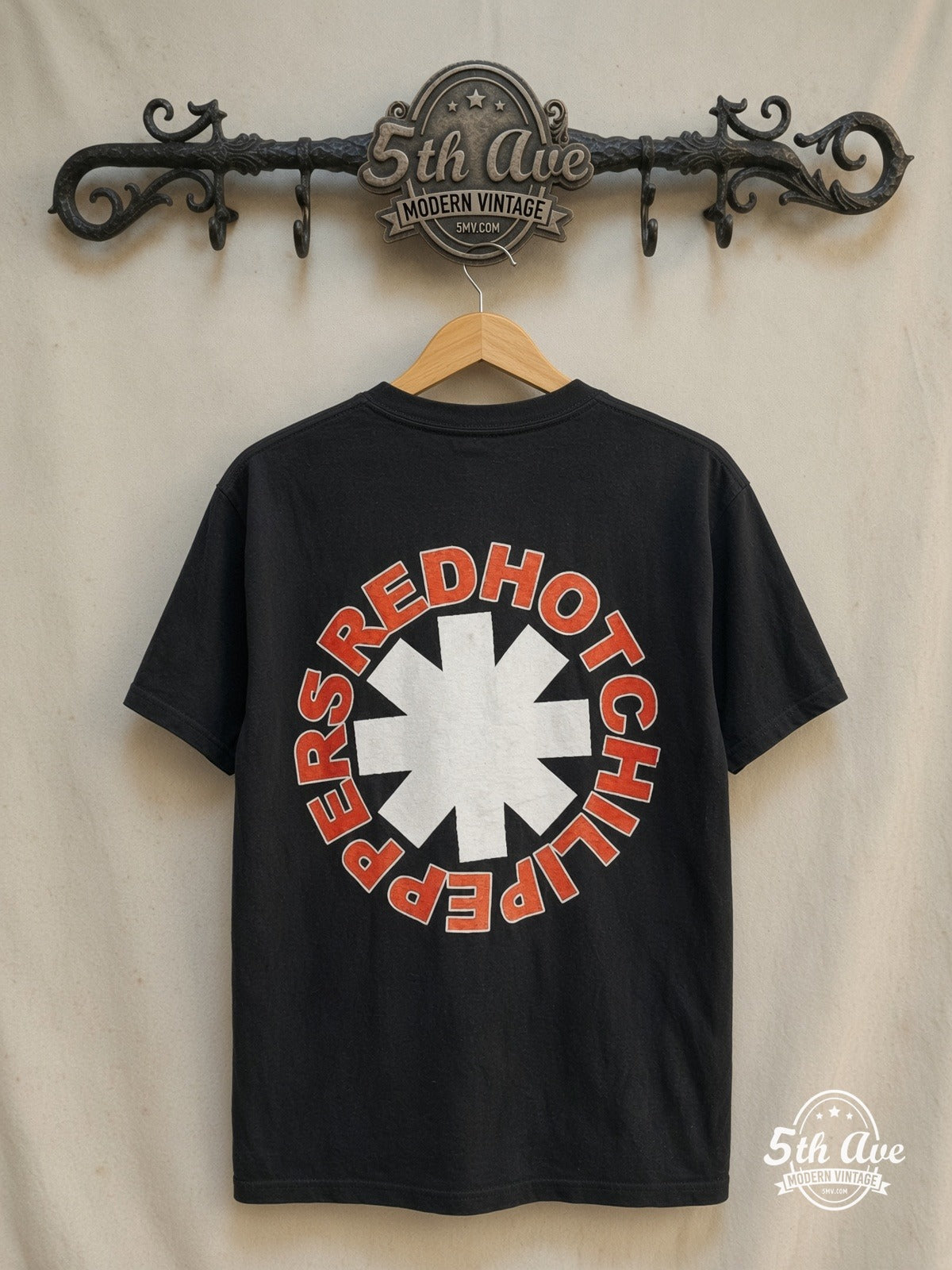 Red Hot Chili Peppers – By the Way Red Portrait Asterisk Back – Vintage Band T-Shirt — back on locked cream ornate 5th Ave rack