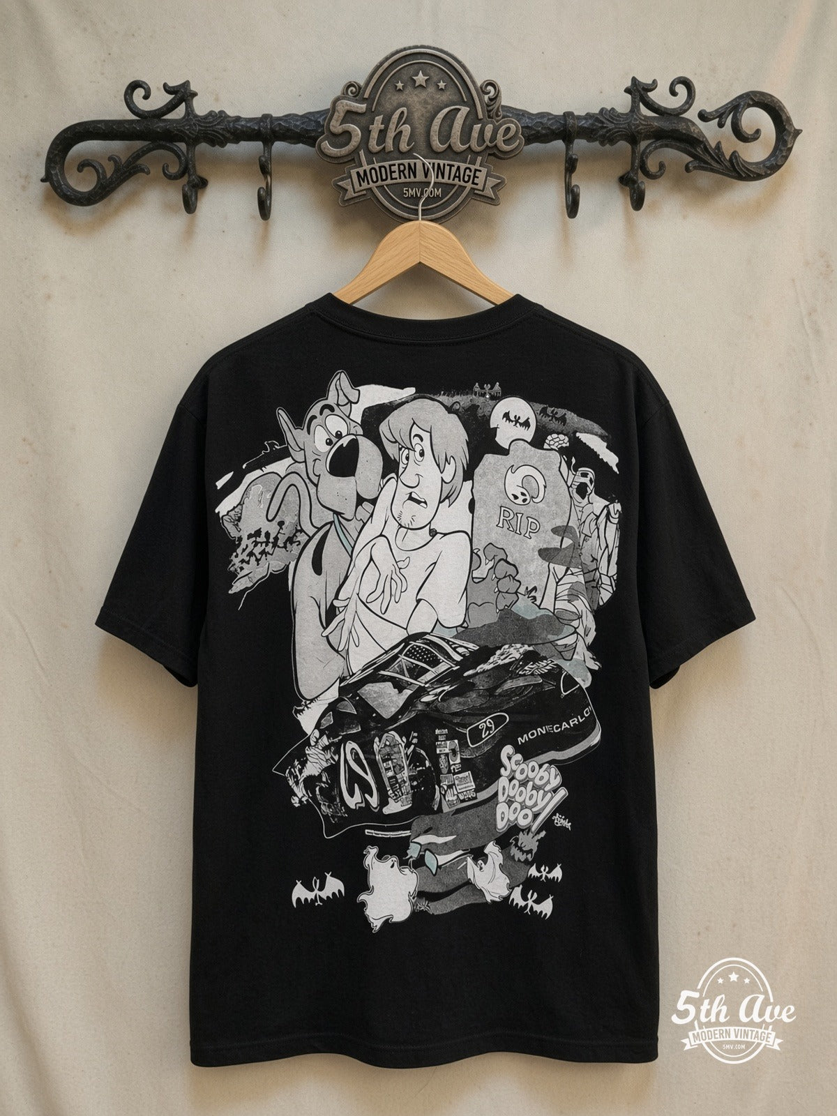 Scooby-Doo – NASCAR Monte Carlo Mysteries – New Vintage Graphic Tee — back on locked cream ornate 5th Ave rack