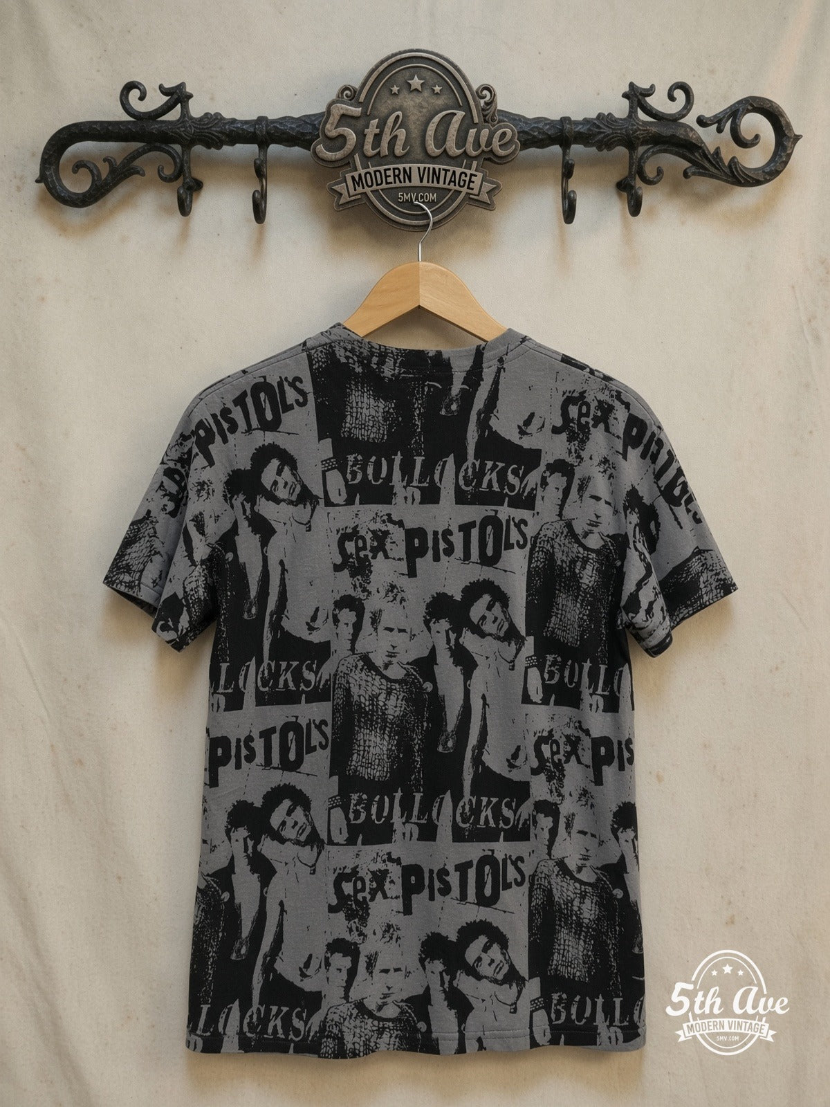 Sex Pistols Bollocks - AOP all over print New Vintage Band T-Shirt – Vintage Band T-Shirt — back on locked cream ornate 5th Ave rack