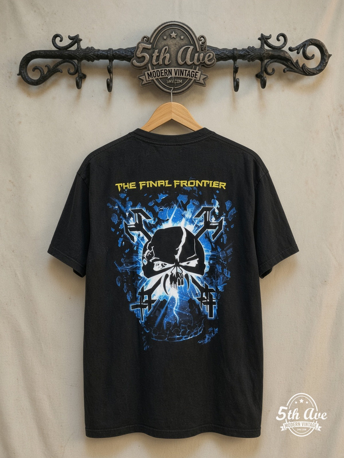 Iron Maiden – The Final Frontier – Vintage Band T-Shirt — back on locked cream ornate 5th Ave rack