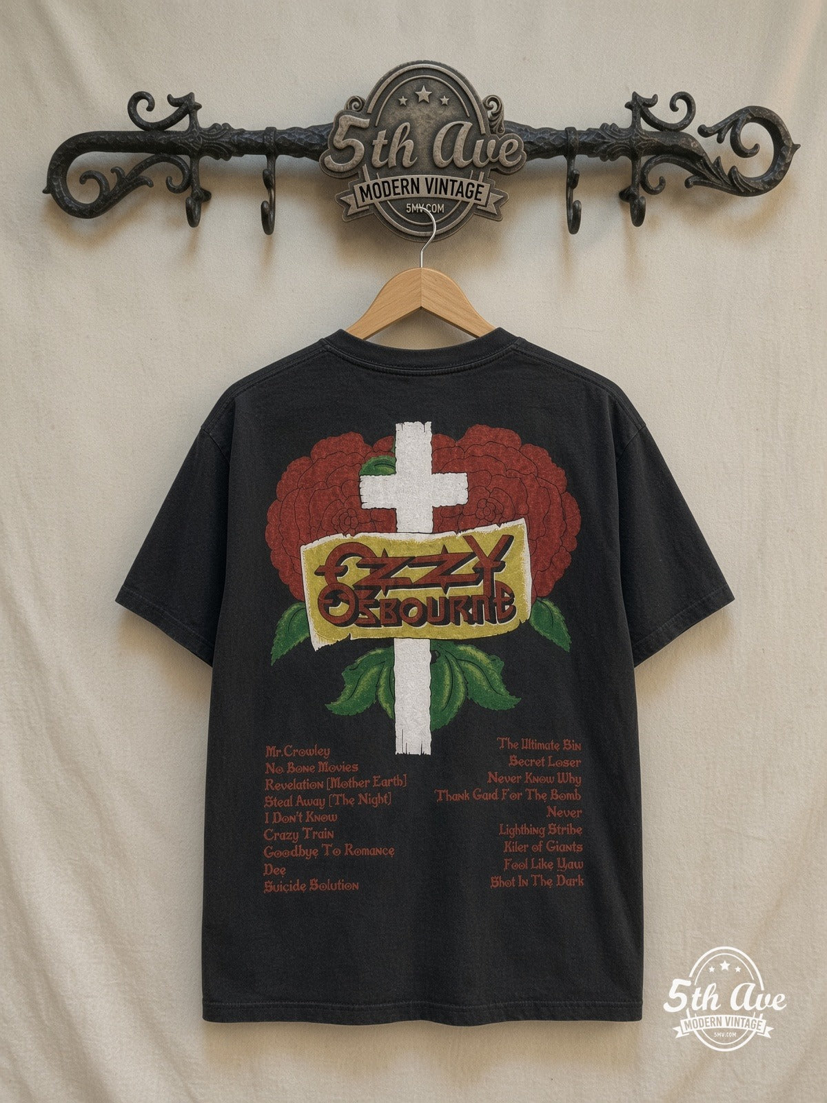 Ozzy Osbourne – Flaming Faces – Vintage Band T-Shirt — back on locked cream ornate 5th Ave rack