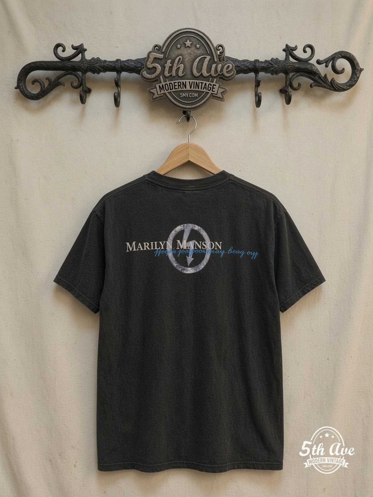 Marilyn Manson – The Long Hard Road Out of Hell – Vintage Band T-Shirt — back on locked cream ornate 5th Ave rack