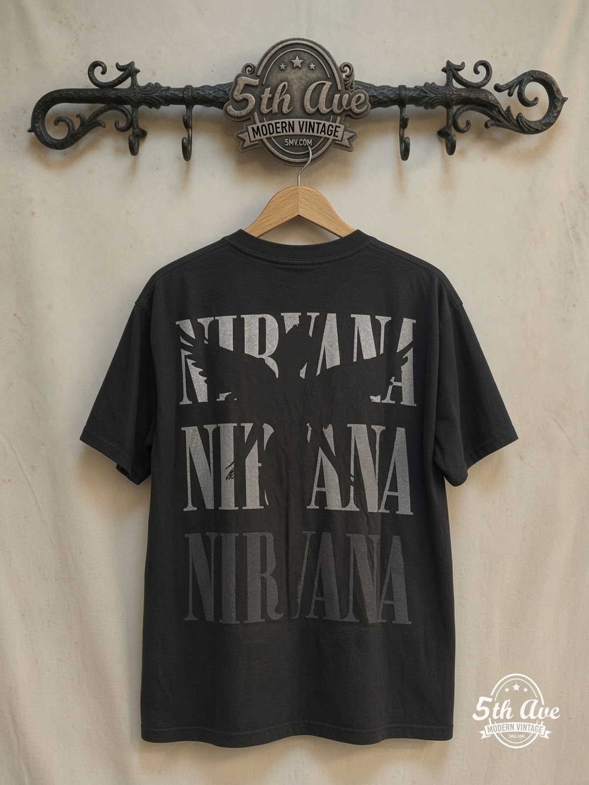 Nirvana – In Utero Utero Soup Can European Tour 1994 – Vintage Band T-Shirt — back on locked cream ornate 5th Ave rack