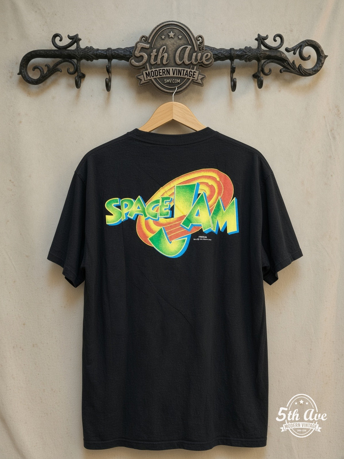 Looney Tunes – Space Jam - AOP all over print New Vintage Animation T-Shirt – New Vintage Graphic Tee — back on locked cream ornate 5th Ave rack