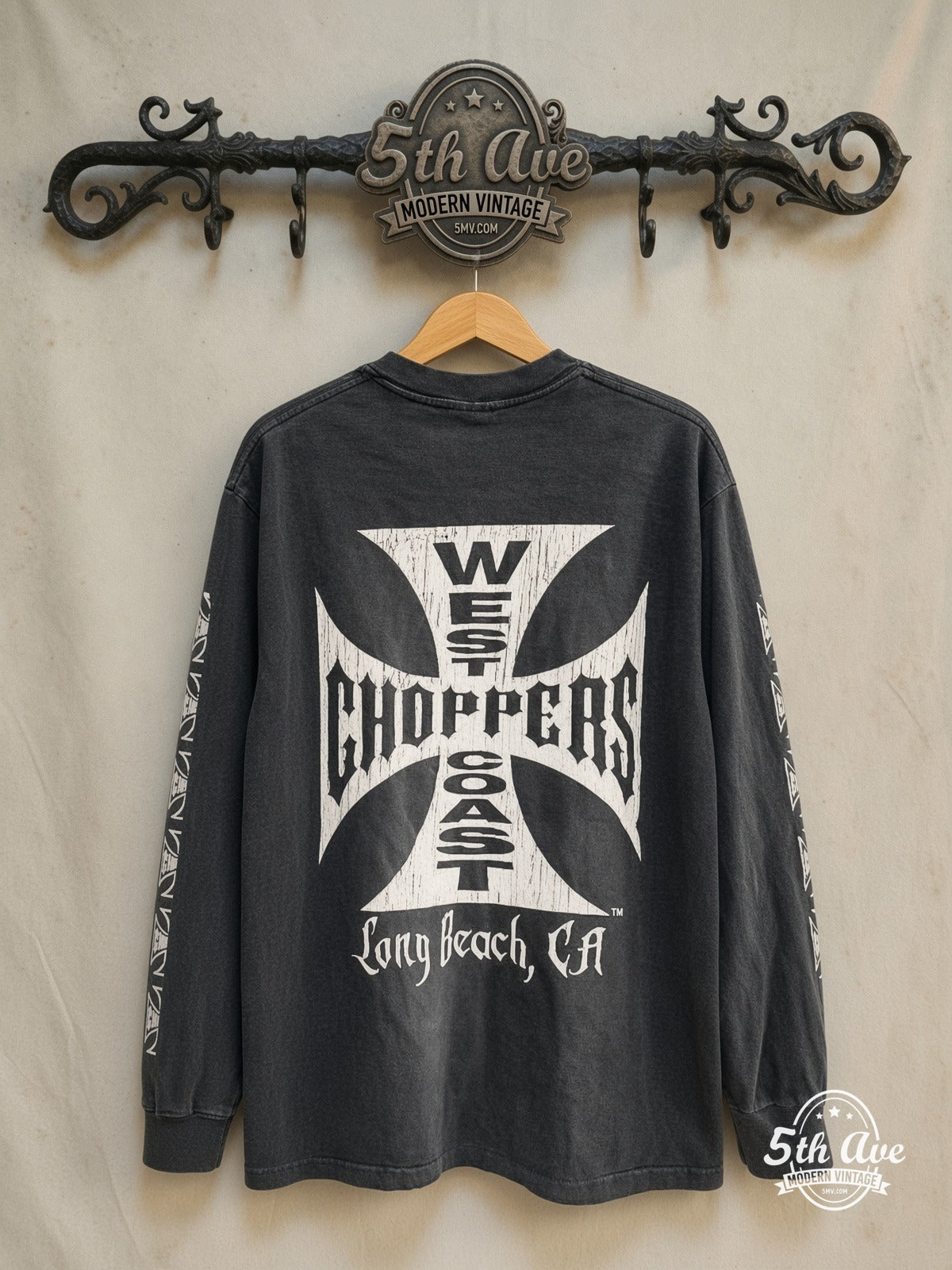 West Coast Choppers – Long Beach Iron Cross Sleeve Logos – Long Sleeve T-Shirt — back on locked cream ornate 5th Ave rack