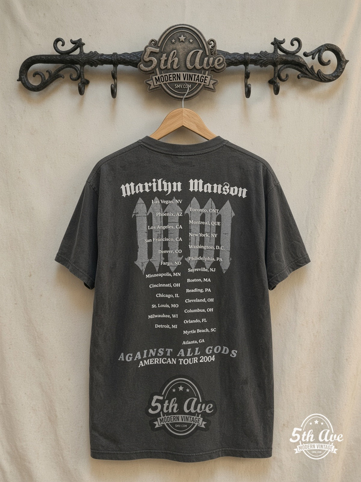 Marilyn Manson Against All Gods American Tour 2004 – Vintage Band T-Shirt — back on locked cream ornate 5th Ave rack