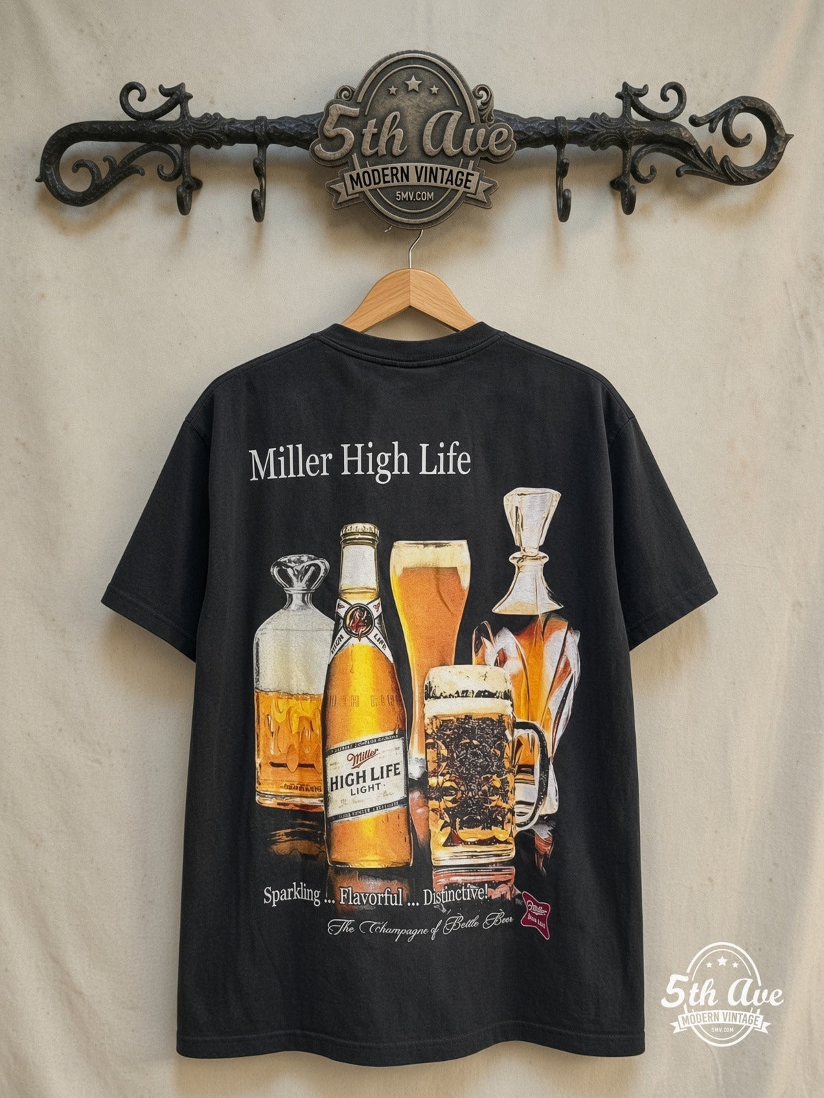 Miller High Life – Sparkling, Flavorful, Distinctive! – Vintage Graphic Tee — back on locked cream ornate 5th Ave rack
