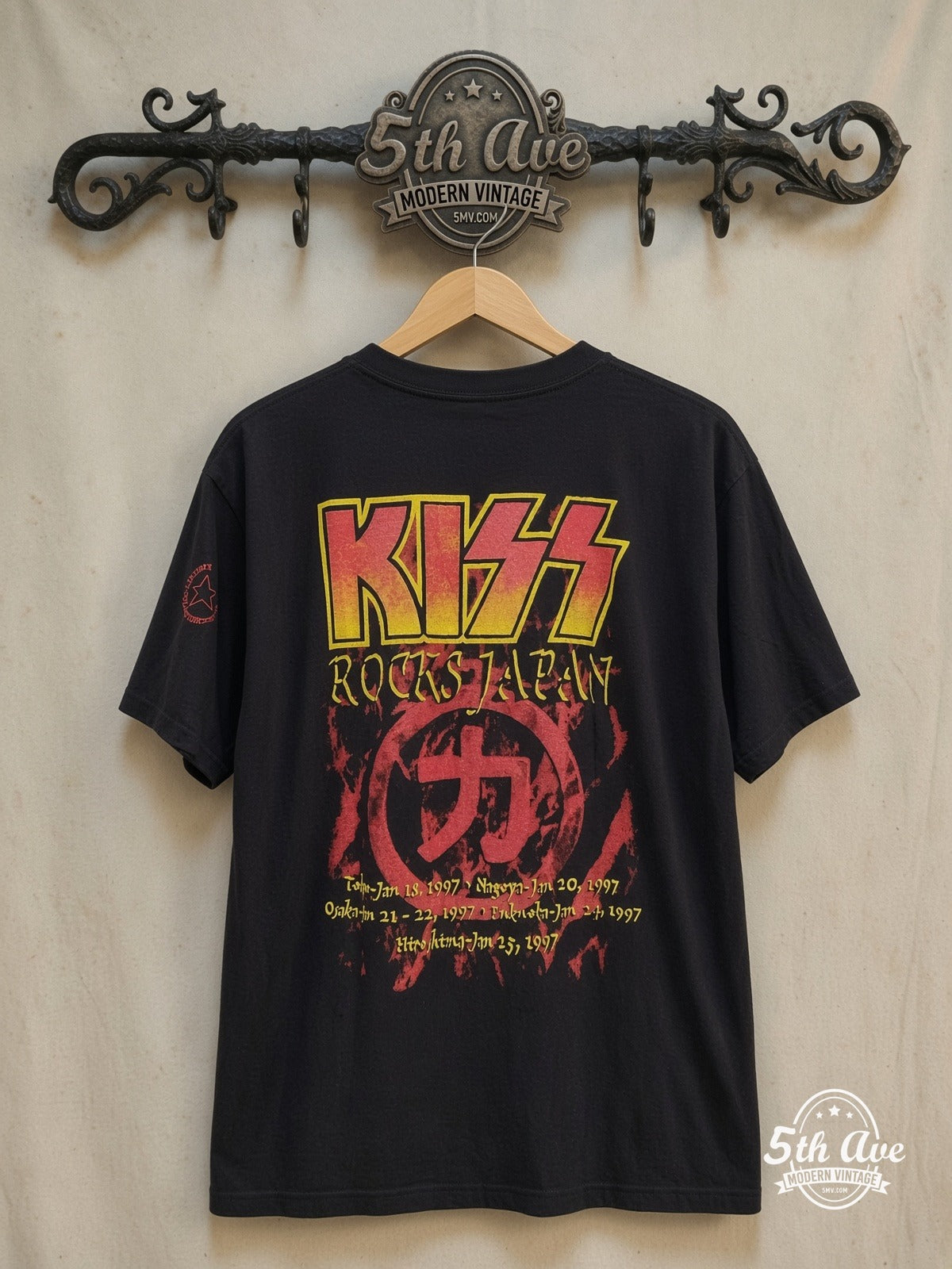 KISS – KIϟϟ Alive Worldwide Tour - AOP all over print New Vintage Band T-Shir – Vintage Band T-Shirt — back on locked cream ornate 5th Ave rack
