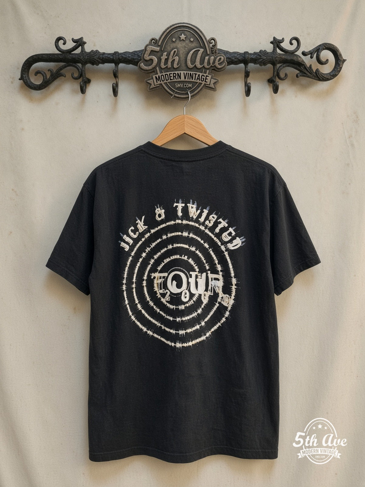 Korn – Sick and Twisted Cartoon Band Circles – Vintage Band T-Shirt — back on locked cream ornate 5th Ave rack