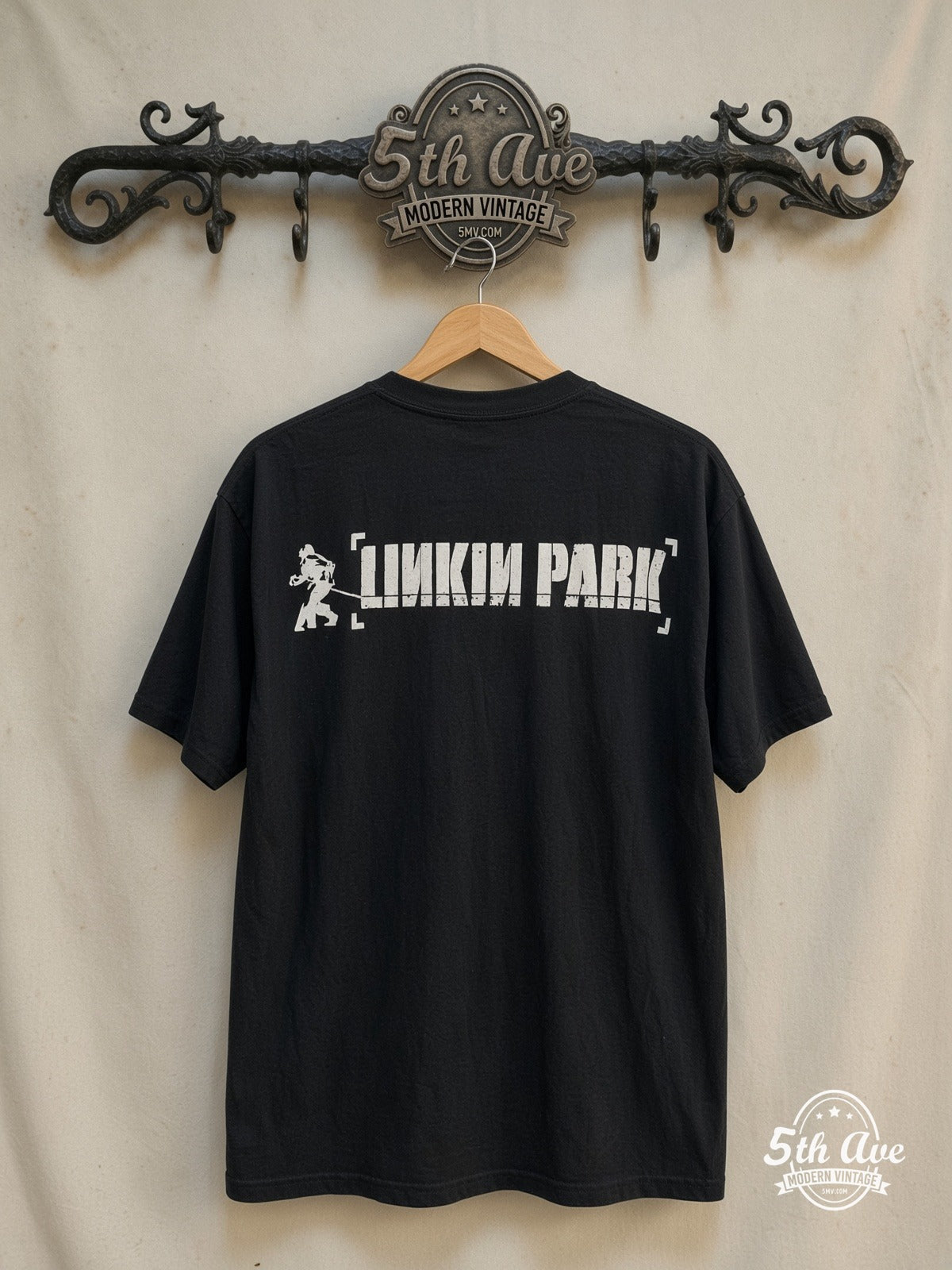 Linkin Park – Hybrid Theory Soldier White Fly Back – Vintage Band T-Shirt — back on locked cream ornate 5th Ave rack