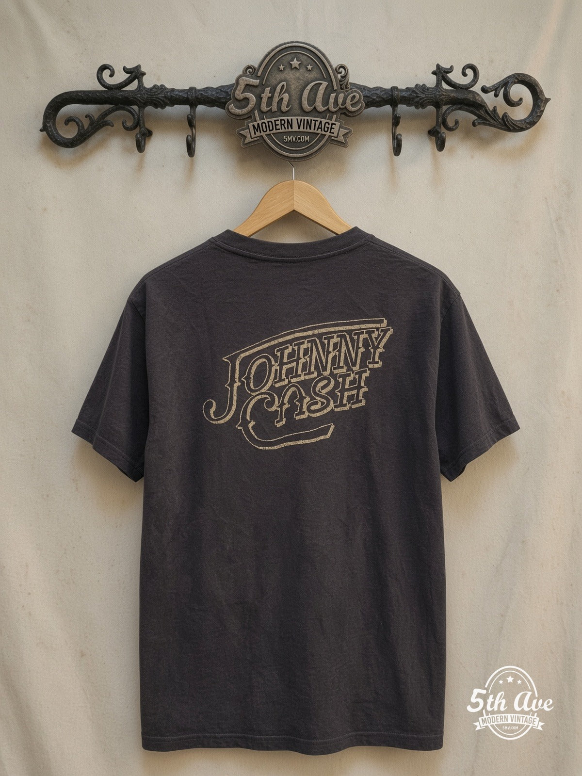 Johnny Cash Single Stitch Crewneck T-Shirt: 100% Cotton Comfort and Un – apologetic Attitude with a 30-Day Satisfaction Guarantee – Vintage Band T-Shirt — back on locked cream ornate 5th Ave rack