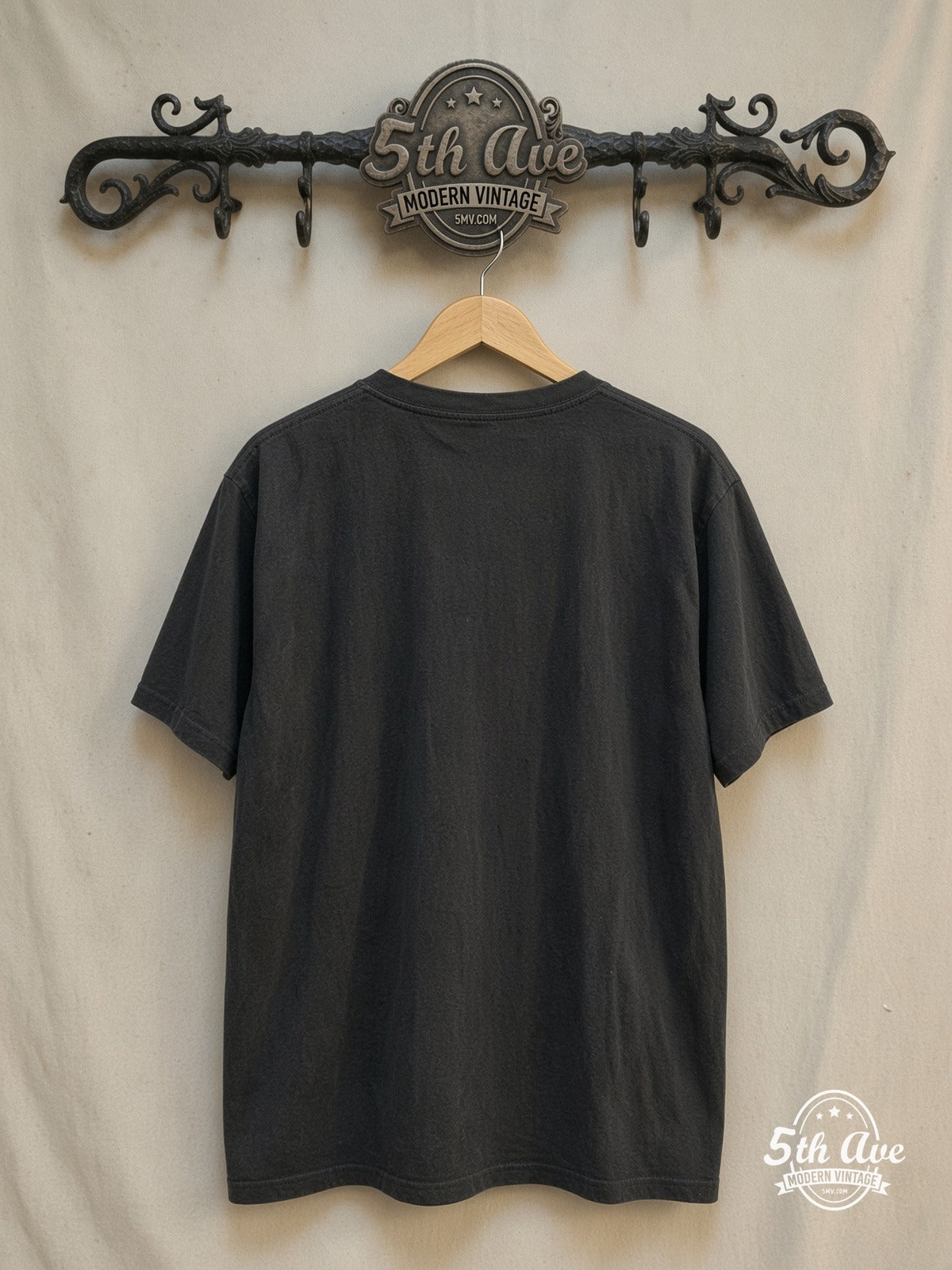 The Cure – Five Member Photo Blue Logo – Vintage Band T-Shirt — back on locked cream ornate 5th Ave rack