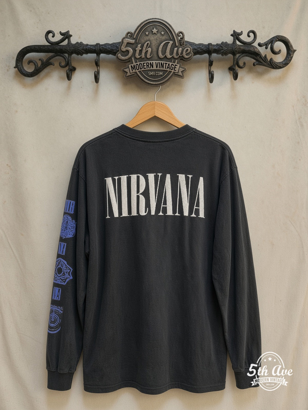 Nirvana – Circles of Hell Long Sleeve Blue Prints – Vintage Band T-Shirt — back on locked cream ornate 5th Ave rack