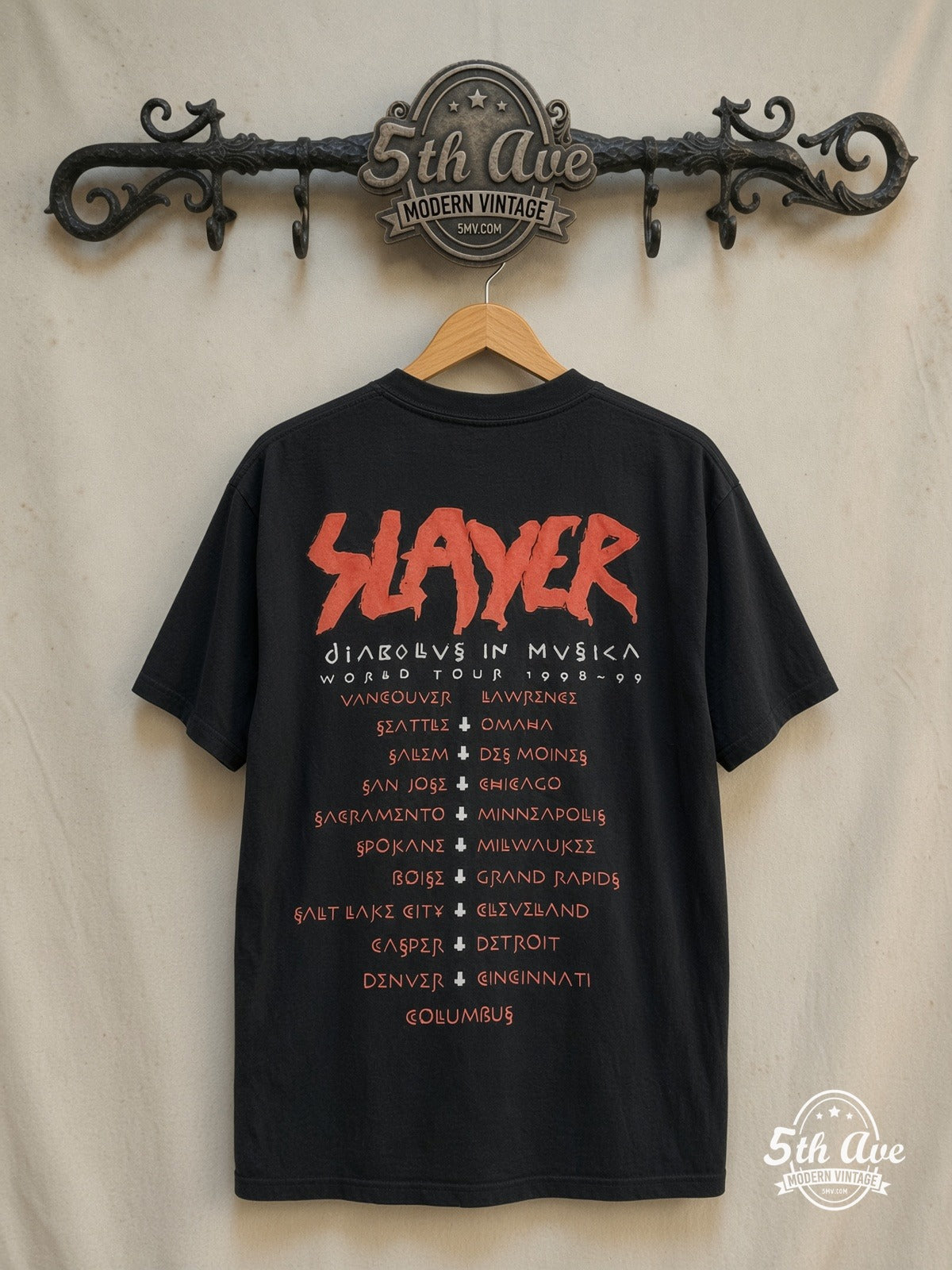 Slayer – Diabolus in Musica Tour 1998-1999 – Vintage Band T-Shirt — back on locked cream ornate 5th Ave rack