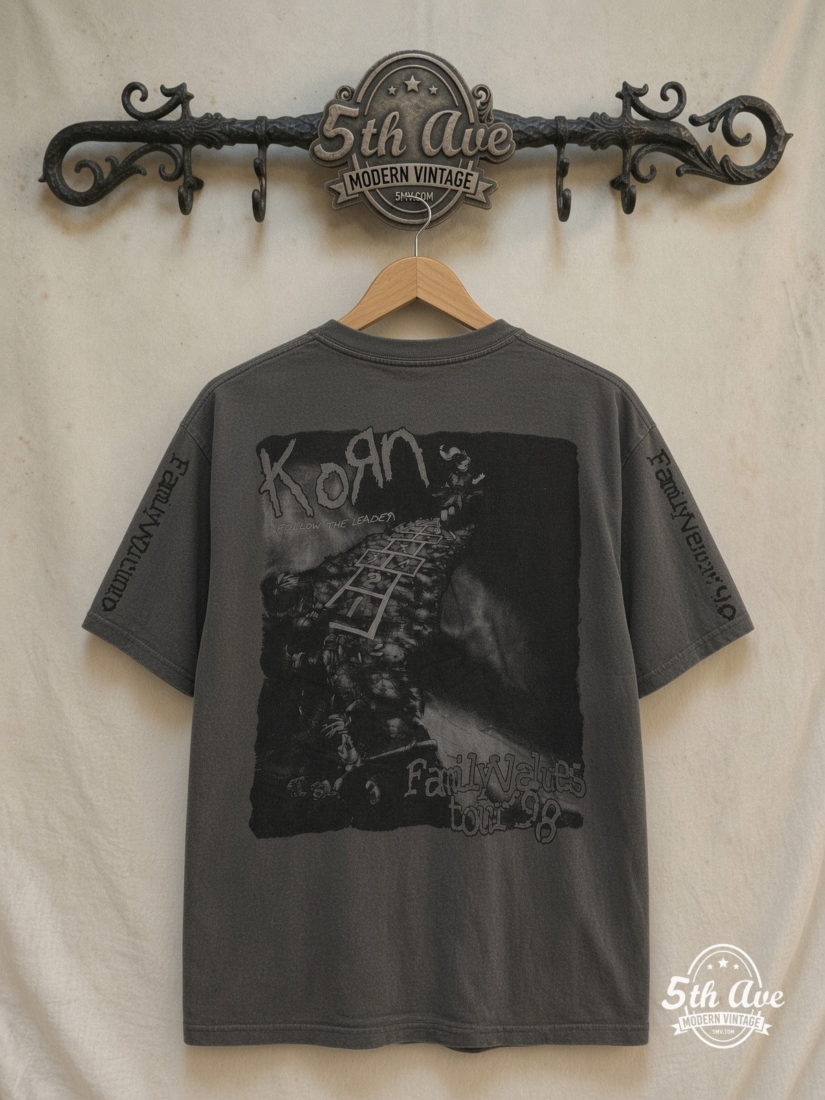 Korn – Follow the Leader Family Values Tour 98 Long Sleeve – Vintage Band T-Shirt — back on locked cream ornate 5th Ave rack