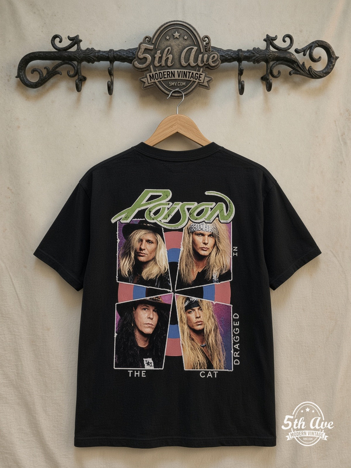 Poison – Look What the Cat Dragged In – Vintage Band T-Shirt — back on locked cream ornate 5th Ave rack