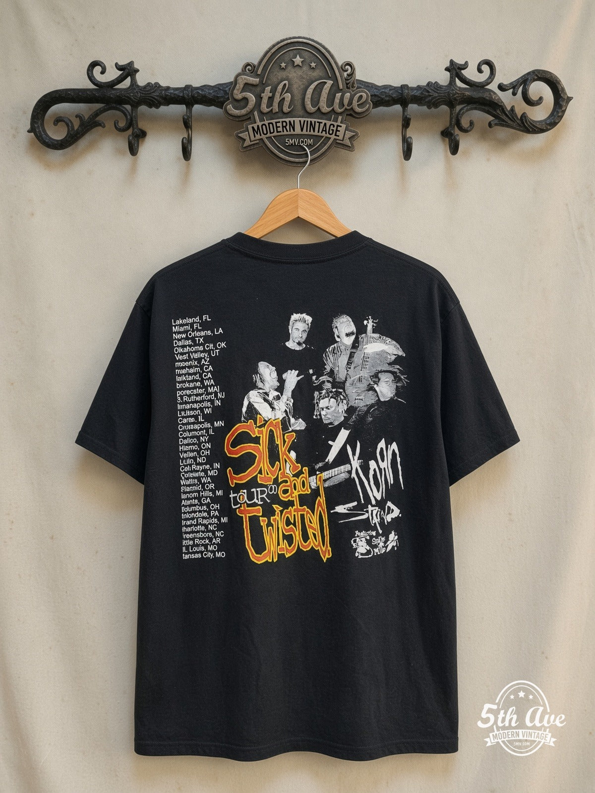 Korn – Sick and Twisted Cartoon City List – Vintage Band T-Shirt — back on locked cream ornate 5th Ave rack