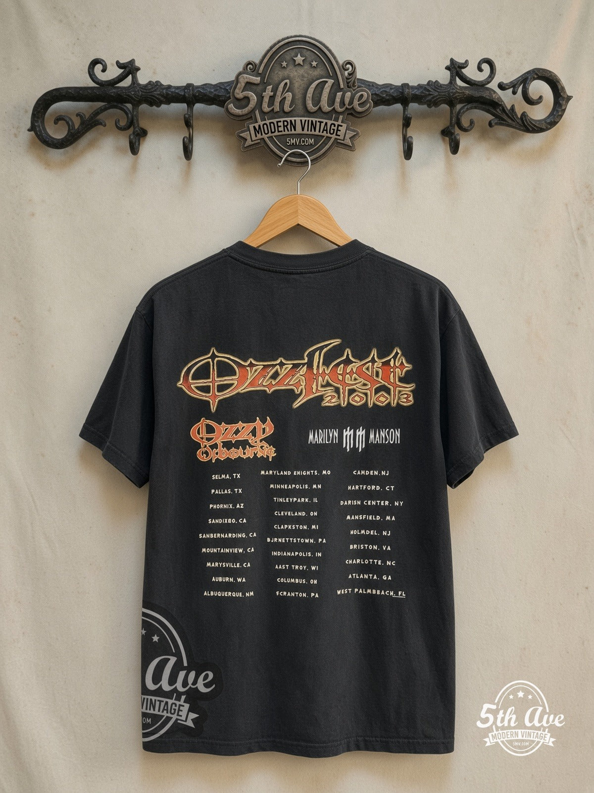 Ozzy Osbourne – Ozzfest 2003 with Marilyn Manson – Vintage Band T-Shirt — back on locked cream ornate 5th Ave rack