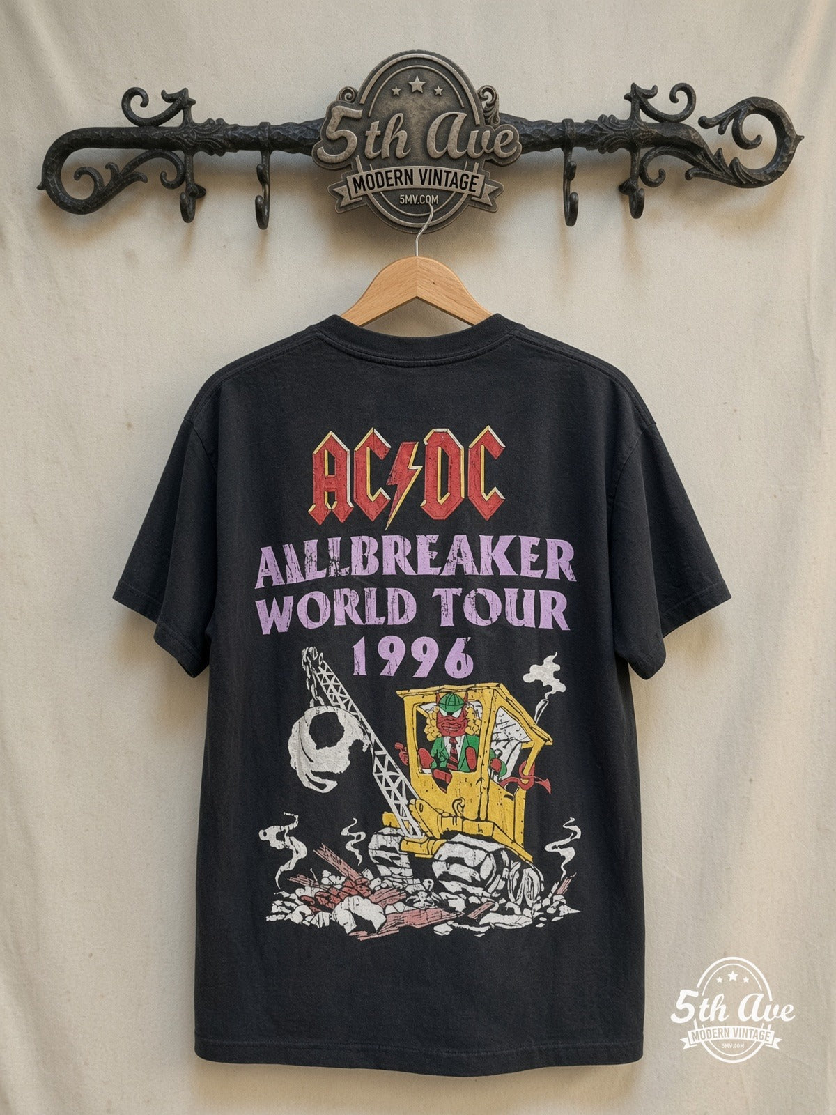 AC/DC – Ballbreaker' World Tour 1996 – Vintage Band T-Shirt — back on locked cream ornate 5th Ave rack