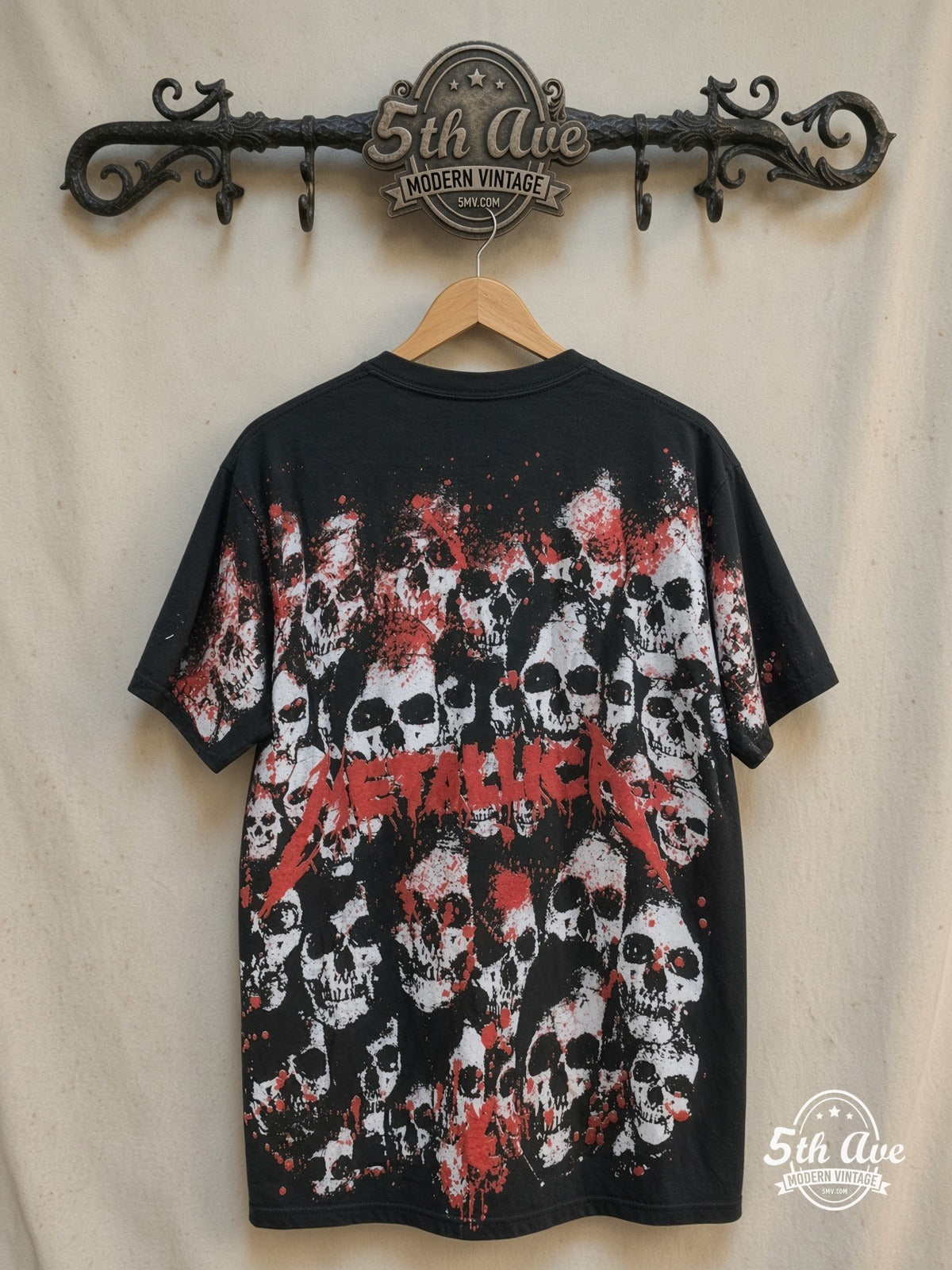 Metallica – Unleash the Metal – All Over Print – Vintage Band T-Shirt — back on locked cream ornate 5th Ave rack