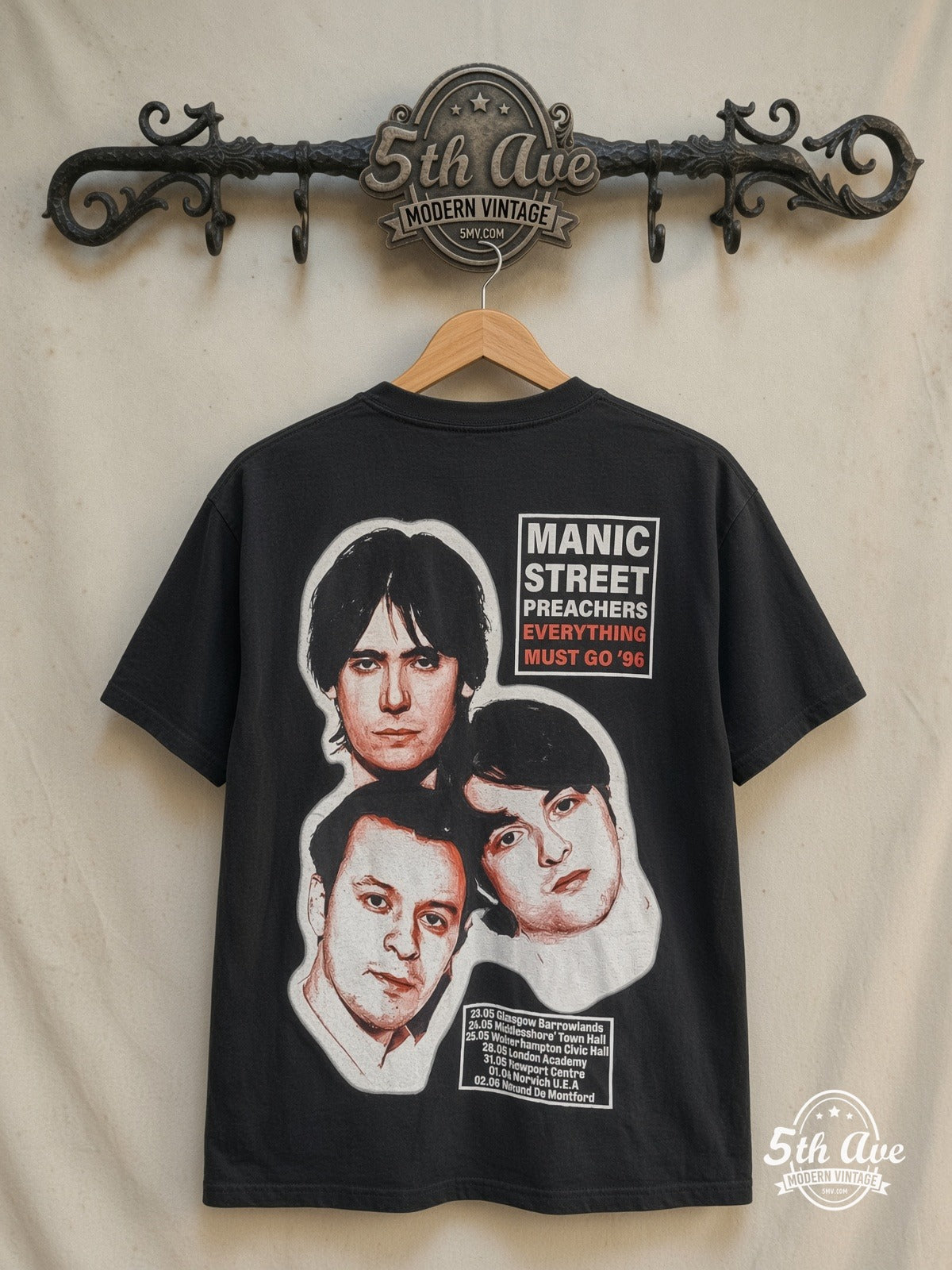 Manic Street Preachers – A Design for Life '96 – Vintage Band T-Shirt — back on locked cream ornate 5th Ave rack
