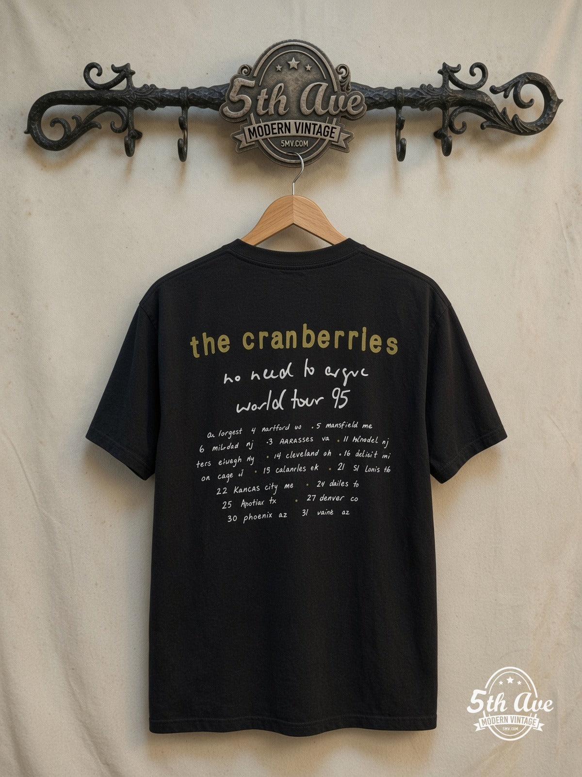 The Cranberries – No Need to Argue World Tour 95 – Vintage Band T-Shirt — back on locked cream ornate 5th Ave rack