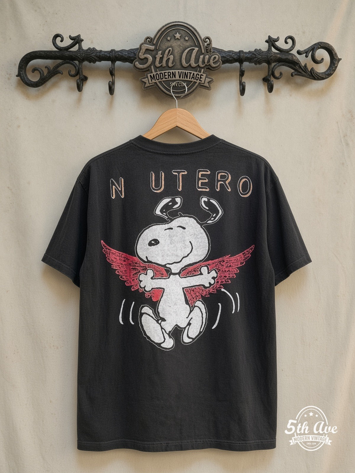Peanuts – Nirvana In Utero x Snoopy – New Vintage Graphic Tee — back on locked cream ornate 5th Ave rack
