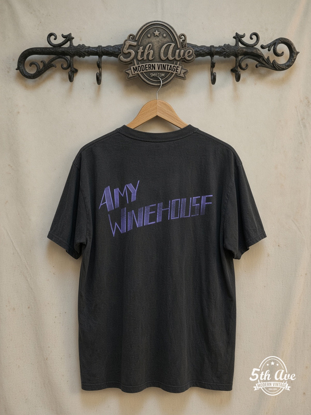 Amy Winehouse – Soulful Serenade – Vintage Band T-Shirt — back on locked cream ornate 5th Ave rack