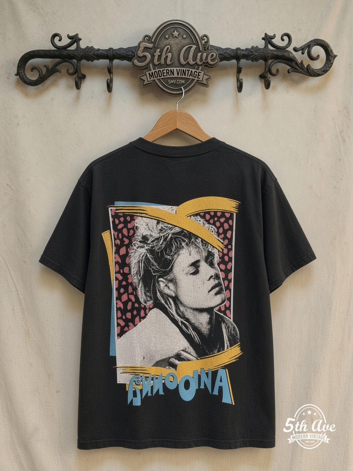 Madonna – Leopard Frame Portrait – Vintage Band T-Shirt — back on locked cream ornate 5th Ave rack