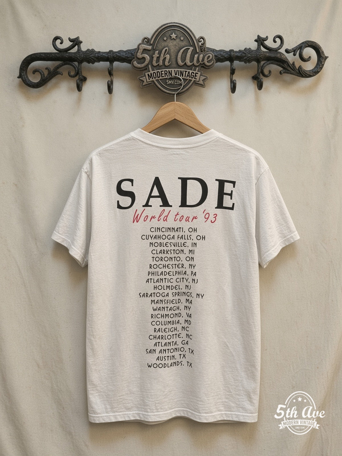 Sade World Tour 1993 vintage band t-shirt in white, back view on a display rack