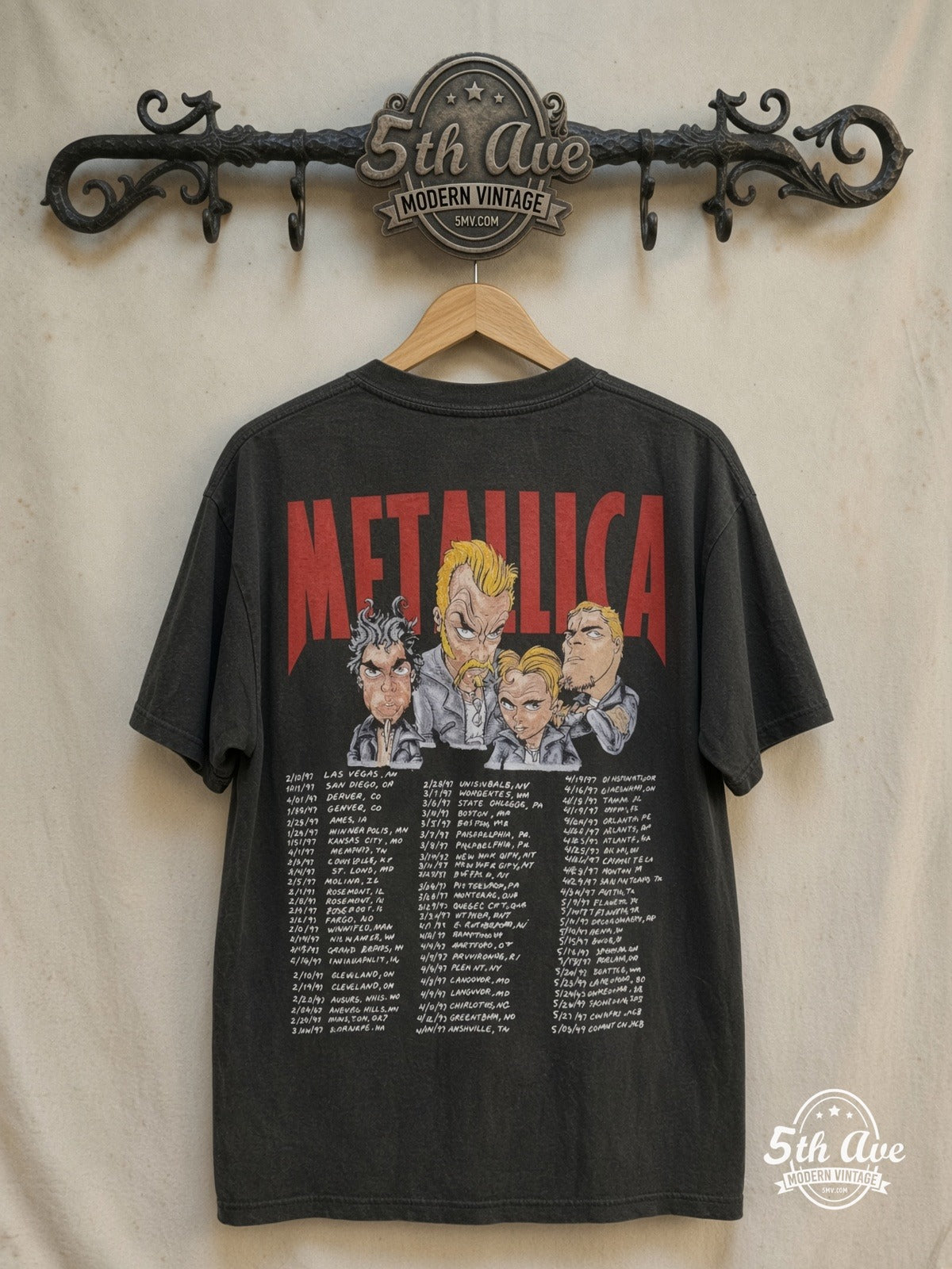Metallica – Cartoon Graphic – Vintage Band T-Shirt — back on locked cream ornate 5th Ave rack
