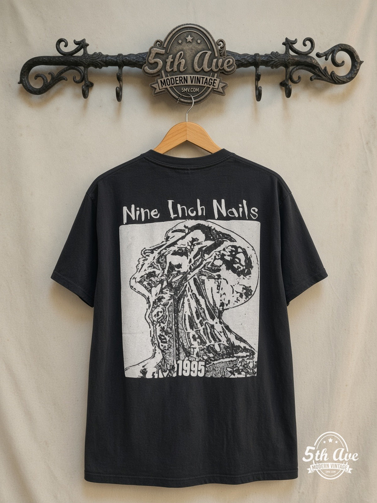 Nine Inch Nails – NIИ 1995 – Vintage Band T-Shirt — back on locked cream ornate 5th Ave rack